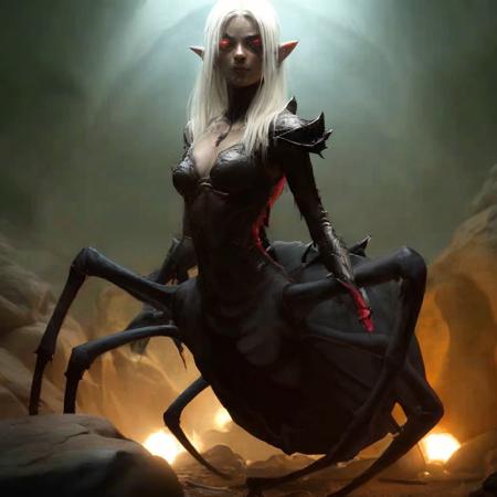 highly detailed photo of a (drider):1.1 in a cave,
1girl, solo:1.2, no humans, 
(spider legs, arthropod limbs, multiple legs):1.3,

long hair, holding, sword,
white hair, armor, 
breasts, cleavage, spikes,

looking at viewer,
elven female face, arachnid body has spider legs,

realistic:1.0, depth of field, blurry, blurry background,

light and dark,
silhouette lighting,
best quality, intricate details,
photorealistic:1.1, 
professional lighting:1.1,







