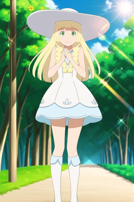 (masterpiece), high quality, detailed background, 1girl, solo,
<lora:PokemonLillie-v1-03:0.7>, ChopioLillie, blonde hair, long hair, blunt bangs, green eyes, (looking at viewer:1.3),
twin braids,
outfit_2, white dress, sleeveless dress, bare shoulders, white kneehighs, blue shoes,
sun hat, white headwear,
sunny, blue sky, clouds, trees, flowers, happy, smile, sun diffraction, lens flare, depth of field, blurry, blurry background, sparkles, standing,