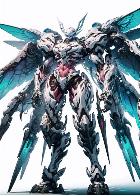 detailed, ultra-detailed, masterpiece, 8k wallpaper,<lora:BIOMECHA:1>
  , (bio mecha:1.5), (mdde:1.3), ( mecha design (de):1.3)
, (muscle:1.3), (muscle tissue:1.5), 
no humans,glowing  mechanical wings, , science fiction, simple background, standing,glowing, arm cannon, silver mecha