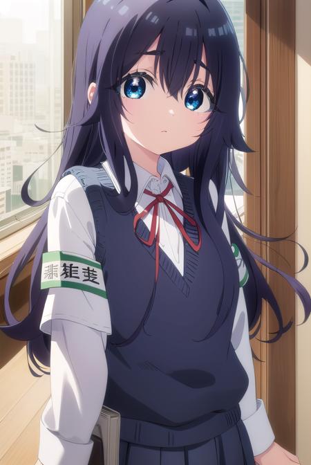 shizukayoshimoto, <lora:shizuka yoshimoto s1-lora-nochekaiser:1>,
shizuka yoshimoto, long hair, bangs, blue eyes, black hair, hair between eyes, wavy hair,
BREAK skirt, shirt, ribbon, school uniform, white shirt, pleated skirt, red ribbon, neck ribbon, armband, sweater vest,
BREAK indoors, classroom,
BREAK looking at viewer, (cowboy shot:1.5),
BREAK <lyco:GoodHands-beta2:1>, (masterpiece:1.2), best quality, high resolution, unity 8k wallpaper, (illustration:0.8), (beautiful detailed eyes:1.6), extremely detailed face, perfect lighting, extremely detailed CG, (perfect hands, perfect anatomy),