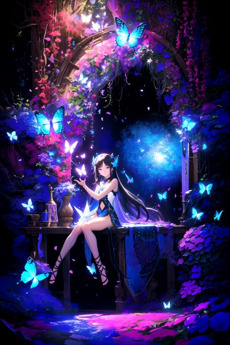 (masterpiece, best quality, highres), 1girl, solo,
BREAK
dark background, black background, depth of field,
fractals, lineart background, colorful background, flowers, petals,
rim lighting, crystals, cave, butterfly, vegetation,