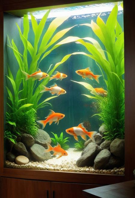 Feng Shui aquarium in a serene home room, sunlight filtering through, fine  fish