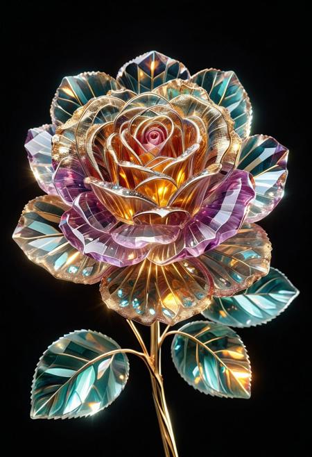 A vibrant, stylized rose (detailed petals:1.2),  glowing with fluorescent colors, set against a completely black background.  The rose's petals appear fluorite crystal, with smooth, flowing, and reflective surfaces, (detailed textures:1.2).  The petals are highly detailed, showcasing a unique interplay of light and color, creating a captivating visual effect. BREAK.  The rose's stem and leaves are a golden, metallic bronze hue (detailed metal stem: 1.2), golden stem. BREAK. Strong lighting highlights the flower's texture, Photorealistic style, digital art, hyperrealistic style, vibrant colors,  glowing effect, and dark background. Crystal flower of fluorite, with a golden stem. Ethereal.