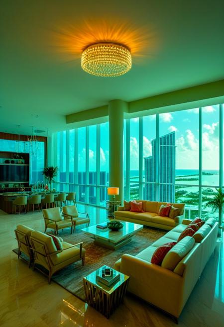 ()Hyoer Realistic, full color:2.0) depicting  
(miami florida high rise living room inside condo :2.0:)