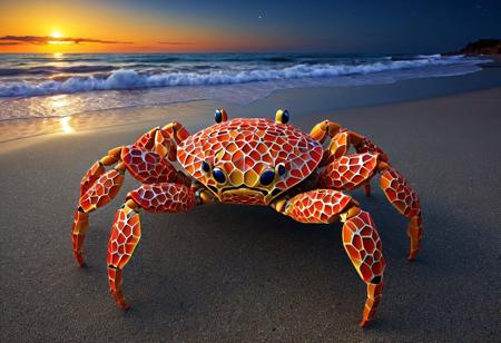 Geometric Transformation, ((crab)) made out of voronoi,  basalt columns, Hagiophobia, beach, ocean, sand, moonlight, dramatic, vibrant colors, vivid colors, Masterpiece, best quality, amazing quality, volumetric lighting, SFW, PG, exquisite detail, digital art, highly detailed, beautiful, surreal, lazypos,