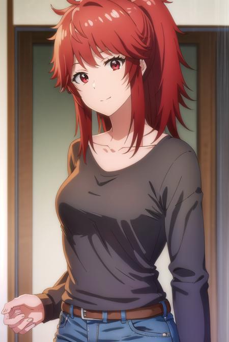 akemi aizawa, (red eyes:1.3), red hair, medium hair, ponytail, shirt, long sleeves, collarbone, black shirt, pants, denim,