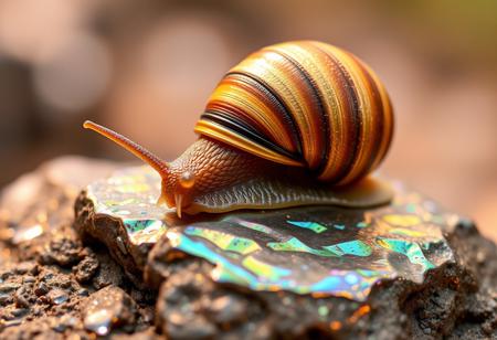 golden snail on an iridescent rock, metallic striped shell, glittering bokeh background