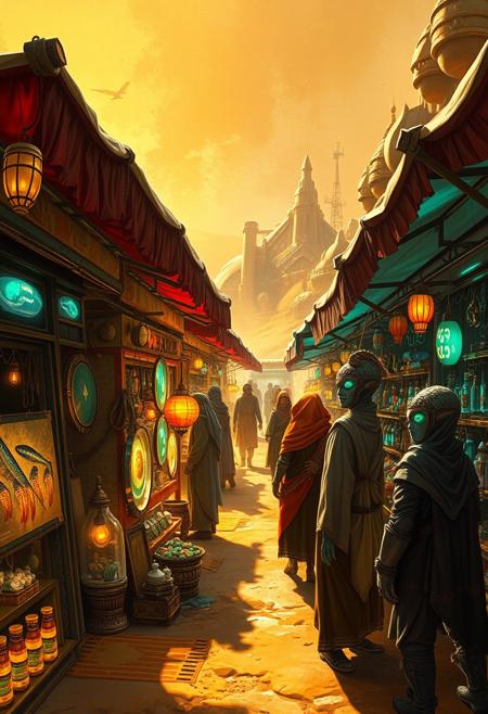 A narrow alley market on a desert planet, lined with vibrant tents selling bioluminescent seafood, translucent fabrics, and humming mechanical trinkets. Alien merchants with ornate headcrests bargain with cloaked travelers. The scene is painted with vivid highlights of gold and turquoise under a dusty, glowing sky.