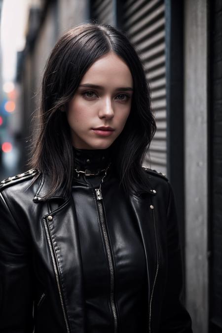 StacyM_SoloTI_v1,
(Wrapped in a sleek leather jacket, accentuated by silver studs and chains, emanating a fierce and edgy aura), (A dimly lit alleyway, with shadows lurking in the corners, exuding an atmosphere of calculated intensity: 1.3), (seductive:1.3),(analog, cinematic, film grain, hazy atmosphere, cinematic shot:1.3),
 <lora:add_detail:0.6>, PA7_Portrait-MCU,