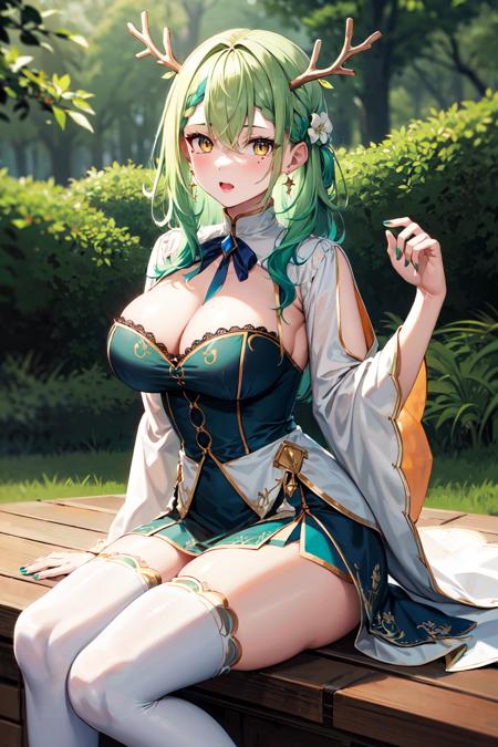 masterpiece, best quality, 1girl, breasts, green hair, braid, braided bangs, cleavage, thighhighs, single braid, single thighhigh, antlers, dress, yellow eyes, jewelry, anklet, nail polish, mole, toenail polish, green nails,hair flower, mole under eye, multicolored hair, long hair, toenails, hair ornament, large breasts, green flower, streaked hair, earrings, white thighhighs, bow, bangs, wide sleeves, leaf, blue dress, horns, ceres fauna, <lora:ceres_fauna_v1:0.6>