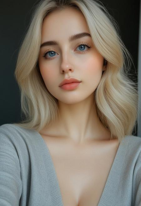 (((selfie))),detailed face, 20 yo, beautiful face, sensual look, big eyes, looking away , long blonde hair,  large breasts, portrait, breasts focus, sexy pose, ((( Blonde, erotic, sensual, perfect perky breasts, Create a portrait of upper body of a beautiful woman with a serene expression. She has large, almond-shaped eyes that are a deep, mesmerizing blue, framed by long, dark eyelashes. Perfect eyes, highly detailed beautiful expressive eyes, detailed eyes. Her eyebrows are perfectly arched and delicate, adding grace to her gaze. Her skin is flawless, with a soft, natural glow, Her lips are full and slightly parted, revealing a hint of a gentle smile, with a natural rosy hue. Her nose is small and perfectly proportioned to her face. The overall mood is one of calm and introspective beauty. The art style should be hyper-realistic, capturing every minute detail, with a soft, diffused lighting that highlights the texture of her skin and the depth of her expression, reminiscent of classical portrait paintings but with a modern, cyberpunk twist. Studio lighting. 35mm photograph, film, photorealistic)))