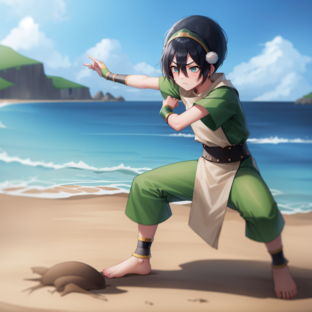 <lora:Toph:1>,
idolmaster,best quality, beach,blue sky,nature,
1girl,solo,black hair,hairband, short hair,hair between eyes,( blind:1.0),green eyes,tunic,green shirt, sash,capri pants, short sleeves, standing,full body, toeless footwear,  (pelvic curtain:1.1),frown,skinny,short,fingerless gloves, fighting stance,