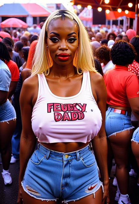 ()Hyoer Realistic:2.0)Polaroid picture of 
a hyper realistic Movie Still of (elderly 25 years old ((busty:1.8)) (((african american))) women) (thick thighs:1.55) (huge bubblebutt:1.95)
an image of a vibrant (1992 Freaknik festival in Daytona Beach,FLorida :1.95)l , where a crowd of voluptuous  black women gather  , blonde hair dressed in iconic 90's(spaghetti  strap top with (booty  jean shorts) and nike air max shoes:1.44). The atmosphere is lively, with sexy clothing and bold makeup. Capture the energy and joy of this celebration, where black women come together to express themselves and have fun.
BREAK Fans and participants are already looking forward to next year's festival