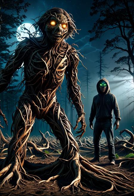 A terrified man in a desolate field at night, looking over his shoulder with fear. A massive, shadowy creature looms in the background, its glowing eyes piercing through the darkness. The atmosphere is eerie and tense, capturing the feeling of being hunted by something supernatural. Cinematic, ultra-realistic, 8K resolution, horror aesthetic. Scarecrow style. The size of two people
made out of forest and roots. Very detailed forest and roots background. Bokeh, depth_of_field, masterpiece, absurdres, vibrant, dynamic pose, dynamic dramatic angle, sun rays, sun enlighten, very colorful, highly detailed, , An artistic marvel, merging rich comic book aesthetics with ultra-HD sharpness and striking 8K depth. Meticulous craftsmanship ensures that every nuance of the motif shines in extraordinary resolution.