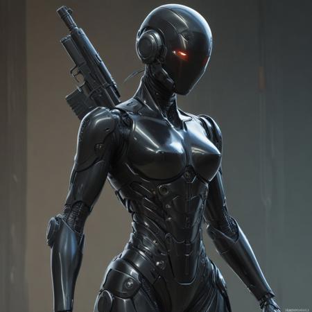 a close up  robot holding a gun, black jacket | shiny, girl wearing robotic suit, kojima, police uniform, featured on cg society, clear outfit design, rubbery, beautiful android woman, ranger, complete body, outfit: cop, naga, cyberpunk, arabian, metal gear solid, mech suit, bomber, masculine,fantasy, intricate, elegant, highly detailed, digital painting, artstation, concept art, smooth, sharp focus, illustration, art by artgerm and greg rutkowski and alphonse mucha