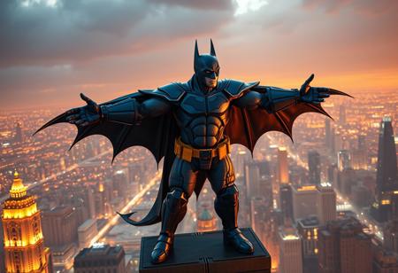 Heroic Batman Armor Dragon, arms outstretched, standing sentinel on a skyscraper rooftop overlooking a stunning crimson & amber metropolis. Wearing iconic blue/grey armor, yellow utility belt, blue boots. Ultra-detailed, cinematic atmosphere, dramatic lighting. trending on Artstation, CGSociety, Octane Render, Unreal Engine 5, Raphael Style, Beautiful Matte Painting, Splash Ink Illustration, 4k, High-res, Impeccable Composition, Dynamic Pose.