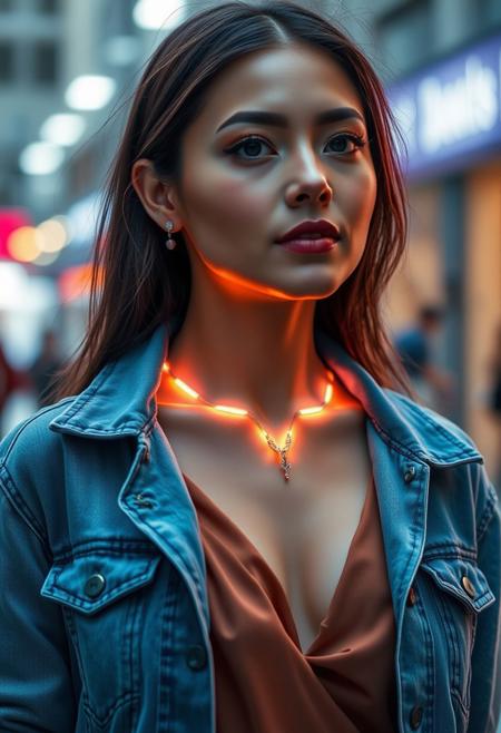 (Casual Chic): casual chic outfit, modern streetwear, subdermal LED jewelry, (internal LED glow:1.6) beneath the skin, (embedded LEDs:1.6) forming a subtle light pattern along the collarbone, soft light radiating from beneath the skin, (natural skin tone:1.5), (denim jacket:1.4), (elegant blouse:1.3), high-definition, soft light glowing through skin as stylish accents, (highly realistic skin texture:1.7), (seamless integration of light and skin:1.5), refined elegance, advanced subdermal technology, smooth light transitions, (glowing contours following body curves:1.5), tech-enhanced beauty, (worn jewelry:-1.7), (visible necklace:-1.7), (unnatural glow:-1.6), (clunky design:-1.5), high-resolution, futuristic but subtle enhancements