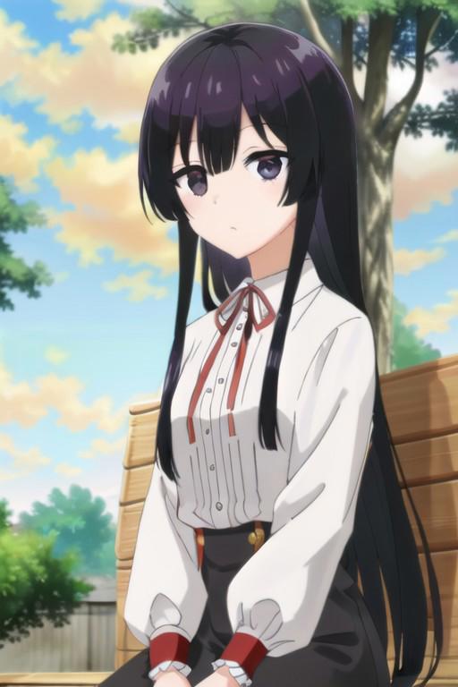 (masterpiece), yumiella dolkness, long hair, black hair, black eyes, 1girl, solo, shirt, ribbon, looking at viewer, white shirt, neck ribbon, red ribbon, upper body, bench, collared shirt, tree