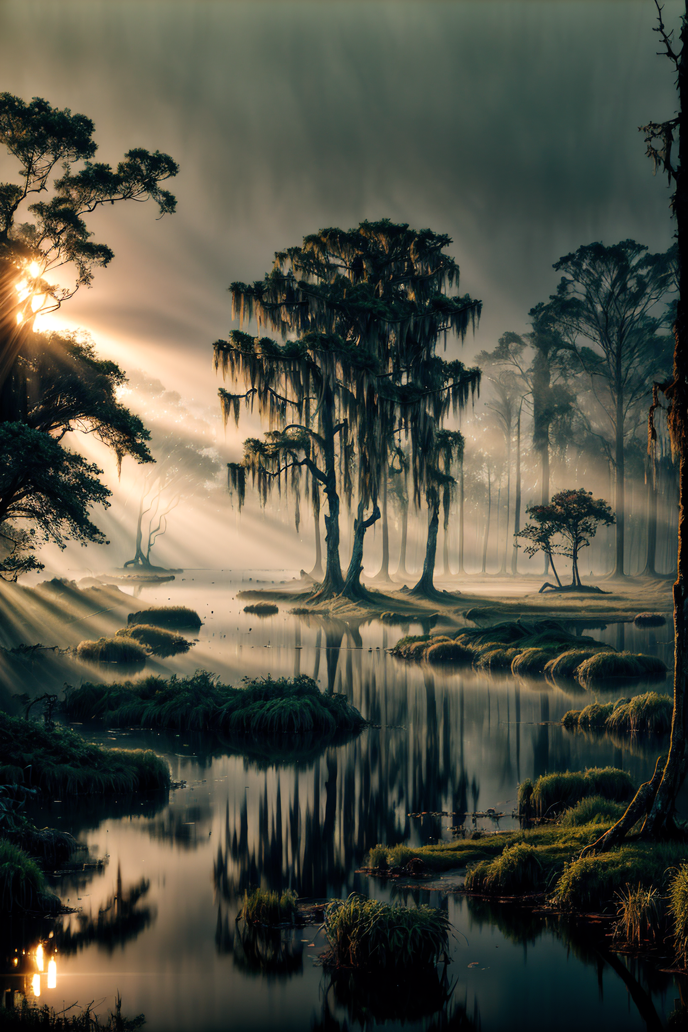 (analog style), A murky swamp with twisted trees rising from the water, Hue, window light, spotlight masterpiece, realisti...