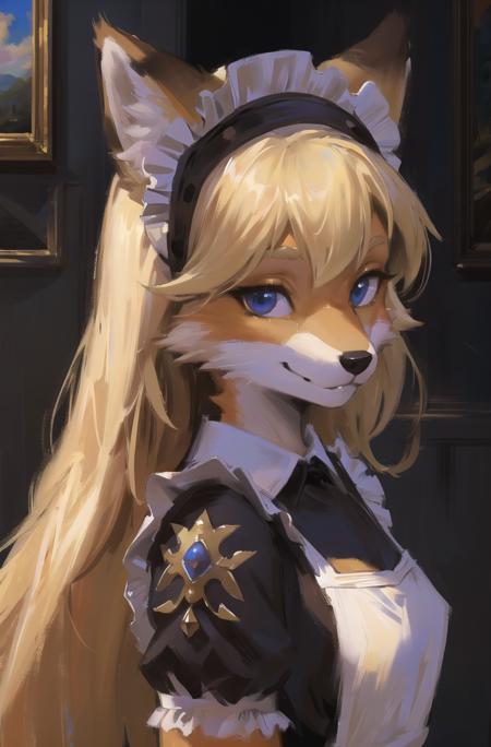 absurdres, highres, ultra detailed, masterpiece, sharp shading,portrait,
fox furry girl,kid,maid uniform,maid headdress,oil painting,straight shot
blonde,high detail eyes,looking at viewer,