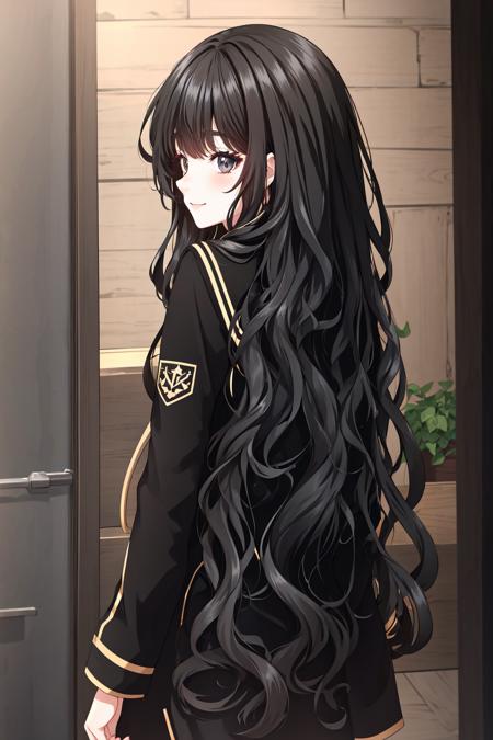 kathyln, 1girl, solo, long hair, black hair, long sleeves, very long hair, school uniform, jacket, from behind, black eyes, black jacket, wavy hair, emblem, masterpiece,  blush, smile <lora:kathyln:1>