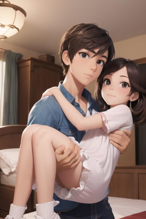 Anime-style illustration of a young man holding a little girl, with both of them smiling.