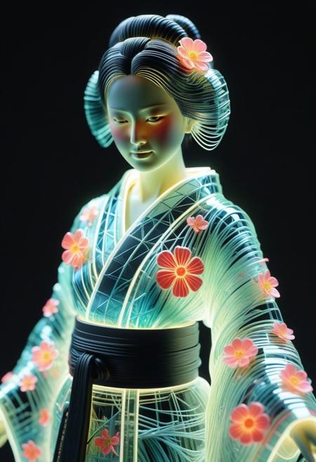 <lora:World_of_Glass_Filament:0.6> made of, tiny neon (glass:1.1) filaments, w0gf1l, Android, geisha, with robotic parts, in flowery kimono, Intricate details, 8 k, cinematic <lora:sss:0.8> subsurface scattering, sss <lora:envyStarlight_v10:0.8>