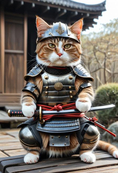 cat using samurai armor, cat holding katana sword, sword stance, cat warrior, training yard, medieval japan, cat wearing samurai helmet, samurai helmet,
