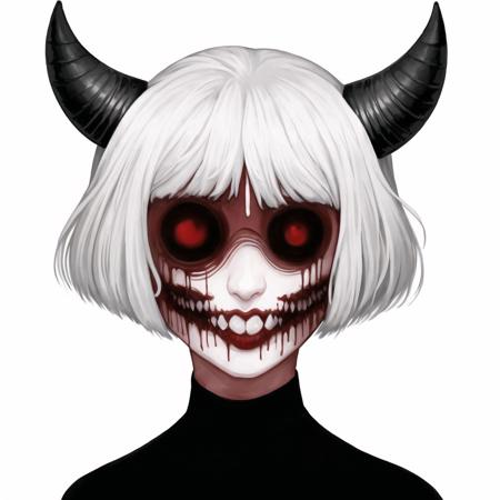 <lora:gravemudart:1>, gravemudart,  simple background, horror \(theme\), demon-like head, scary face, strange, creepy, 

1girl, arms under breasts, black horns, buttons, closed eyes, demon girl, horns, limited palette, open mouth, painting \(medium\), sharp teeth, short hair, smile, teeth, traditional media, watercolor \(medium\), white background, white hair