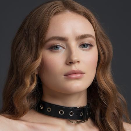 Professional portrait photograph of a woman with wavy long hair with a thin leather choker around her neck and has (glossy lips), Nikon Z9, looking at the camera, realistic matte skin, (highly detailed), ((skin texture)), (sharp focus), high-res