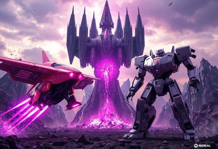 "Epic 3D render of two harmonized mechs poised for battle before the colossal Fandora, the Flying Fortress—a floating citadel of jagged obsidian spires, crackling violet energy cores, and levitating debris fields.
Left: Flying Pegasus Railroad Stampede – A sleek jet-form mechanoid in electrified magenta and royal purple, its wings swept back with ion thrusters blazing neon-pink plasma trails. Carbon-fiber hull adorned with holographic racing stripes and retractable missile pods.
Right: Super Defense Robot Lio – A towering humanoid guardian with matte-lavender armor, hydraulic limbs poised in a defensive stance, and a chest-mounted prismatic shield generator. Its visor glows with AI-targeting grids, while retractable tungsten claws extend from its fists.
The duo flank a central energy vortex, their mirrored poses creating dynamic symmetry. Fandora looms with storm-wracked skies, its foundations crumbling as gravitational anomalies distort the battlefield. Dramatic Dutch angle shot using Unreal Engine 5 ray tracing, Octane Render hyper-textures, and Raphael-style chiaroscuro lighting. Metallic surfaces reflect aurora-like energy waves, while splash ink effects blend with Houdini particle storms for a retro-futuristic clash. 8K resolution, ArtStation-trending composition, golden ratio framing, dominated by cyber-magenta and void purple with chromatic combat accents."