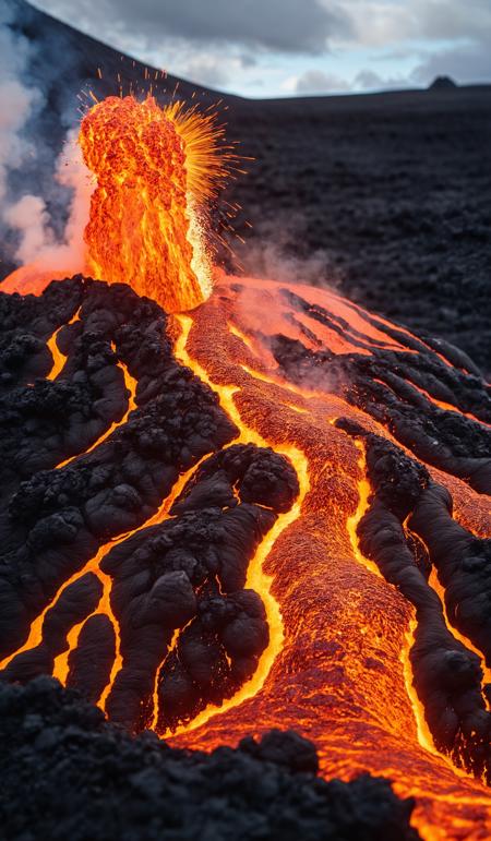 Close-up explosion of fresh lava flowing from volcano eruption in Geldingadalur, Iceland., copy space, design template, breathtaking photograph, dramatic light, award-winning, professional, highly detailed . 35mm photograph, film, bokeh, professional, 4k ,minimalistic, daylight, warm atmosphere, <lora:add-detail-xl:1>, cinematic look, <lora:SDXLHighDetail:0.3>