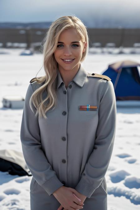 Professional photograph of  GA1,<lora:GA1-1000-50-0:1.05>, 35yo  blonde woman, she's very fit, she's a naval military officer wearing a modern fancy uniform, she's standing guard outside a military encampment in a frozen tundra, snowing, sunrays, ray-tracing, she has long blonde hair combed to the sides, she's smiling brightly, toothy smile  facing the viewer, 4k, bokeh, 8k, absurdres, masterpiece, highest quality, award winning shot,  ray-tracing  <lora:GemmAtkinsbyMal:1>