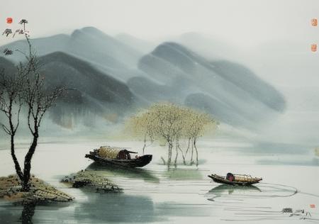 wyy style, A painting about the scenery of summer scenery, In the winter scenery, there is a small boat in the river. A person wearing a raincoat is sitting in the boat, a white bird,