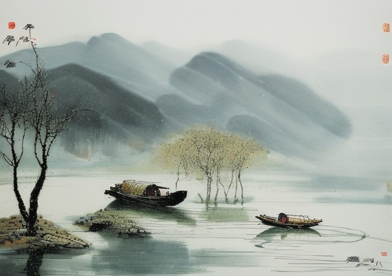 wyy style, A painting about the scenery of summer scenery, In the winter scenery, there is a small boat in the river. A pe...