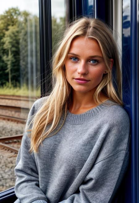 a photo of a young (cute:1.2) dark-blonde Scandinavian intelligent relaxed woman sitting in a train wearing a pullover, tanned skin, blue eyes, full lips, broad cheek, sunny weather, blurry Scandinavian town silhouette in the background outside the window, masterpiece, detailed skin, realistic skin, ultra realistic, realistic light, photorealistic, hair behind one ear, sun shining outside