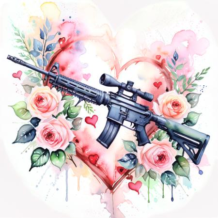 assault rifle, roses, hearts (Watercolor painting) soft colors ,fluid strokes ,transparent layers <lora:add-detail-xl:1> <lora:xl_more_art-full_v1:1>