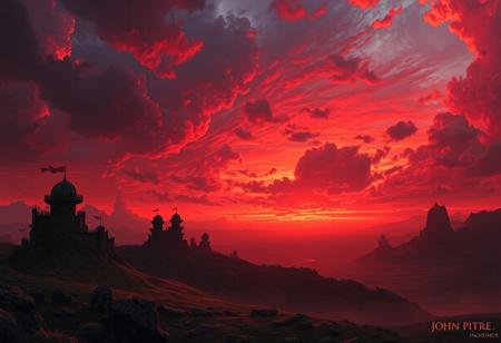 A vivid red dawn above a legendary landscape, epic fantasy style by John Pitre, merged with the dreamy and moody style of Albert Goodwin!