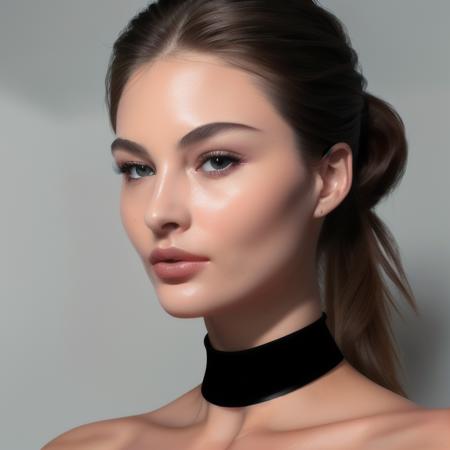 Close up of a ((stunning)) woman, thin black choker, 4K, high quality, masterpiece, ethereal,(looking straight at the camera:1.4),<lora:grelizabeth1-12:0.7>, realistic skin texture, (moist full lips), perfect face, high ponytail, seductive eyes, sexy