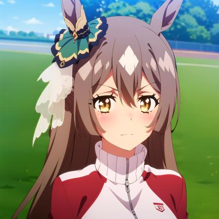 <lora:diamond:0.8> 1girl, solo, breasts, looking at viewer, blush, large breasts, hair between eyes, brown eyes, closed mouth, jacket, yellow eyes, braid, outdoors, blurry, blurry background, half updo, track jacket, track suit, tracen training uniform, satono diamond \(umamusume\)