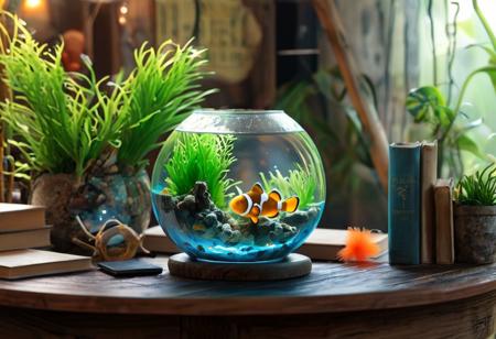 (ultra HD quality details), very aesthetic, a (very small Clown fish) inside a round aquarium on a messy wood desk, lot of books around, lot of plants in messy background, intricate details, 8k, F2.8, RAW Photo, OverallDetail, high detailed, best quality,