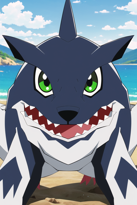 digimon, no humans, solo, green eyes, teeth, blurry, sharp teeth, outdoors, water, digimon \(creature\), blurry background, fangs, sky, looking at viewer,   ((masterpiece)) <lora:digimon_offset:1>