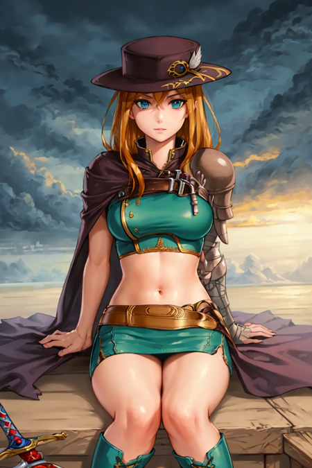 (highly detailed:1.3), 
warriorlady, skirt, sitting, weapon, boots, midriff, belt, sword, miniskirt, armor, crop top, 
Ultra-detail,(highres:1.1),best quality,(masterpiece:1.3),specular lighting,
(highly detailed face and eyes:0.6), <lora:warriorlady-12:0.9>