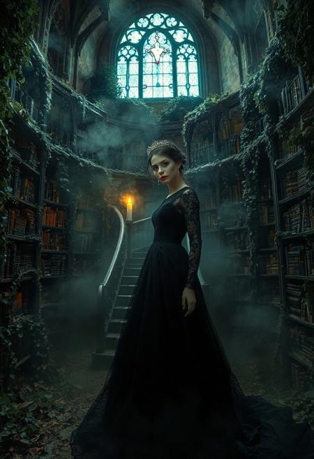 A hauntingly beautiful scene unfolds in a crumbling, ivy-covered library nestled within a forgotten gothic estate. A woman in a flowing black lace gown, adorned with a delicate crown of silver and obsidian, stands at the center of a vast, circular staircase. The air is thick with swirling mist, obscuring the towering bookshelves and ancient manuscripts that line the walls. A single, flickering candlelight casts long, jagged shadows across her face, highlighting her sharp, angular features and the deep, smoky makeup that accentuates her eyes. Her gown, layered with intricate embroidery, billows slightly as if caught in an unseen breeze, while the faint glow of a stained-glass window above bathes her in a ghostly blue hue. The atmosphere is charged with eerie tension, blending Victorian elegance with a sense of impending dread. Inspired by the surrealism of H.R. Giger and the atmospheric storytelling of Tim Burton, this image captures the duality of beauty and decay, with hyper-detailed textures, 8k resolution, and cinematic lighting that emphasizes the interplay of light and shadow.