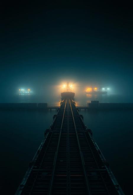 An abandoned harbor dock at midnight, drenched in deep teal and shadowy blacks. The camera floats above still water, reflecting faint amber lights from distant cranes. Fog crawls slowly across the pier, engulfing empty shipping containers and rusting rails. A single cargo ship drifts in without sound, its floodlights flickering softly through the haze. The silence is near-complete, broken only by the low echo of waves and distant industrial groans. Cinematic, 4K, 35mm film texture, muted tones, eerie and dreamlike—like a forgotten place caught between worlds.