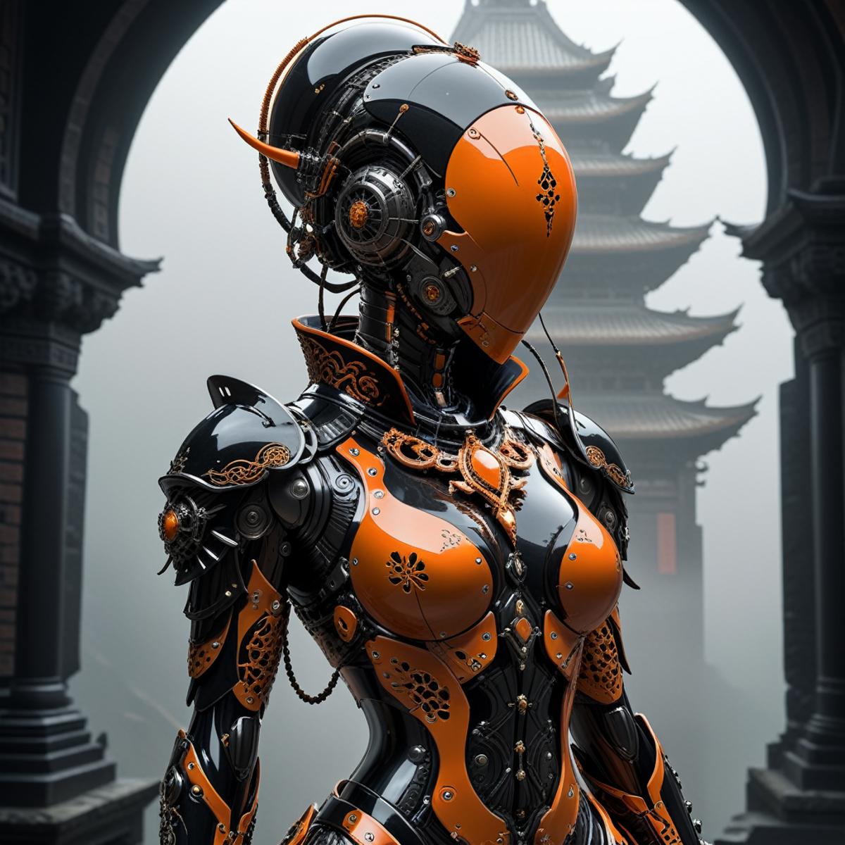 Futuristic Robot Woman in Orange and Black Dress with Necklace and Earrings.