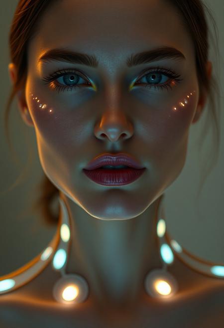 (subtle integrated LED body modification:1.5), (permanent LED makeup:1.6), (soft natural glow beneath the skin:1.7), ((embedded LEDs:1.5)) enhancing cheekbones, jawline, and lips, (gentle projected makeup:1.5), (earthy tones shifting with expressions:1.4), ((flawless radiant skin:1.8)), (futuristic elegance:1.4), ((warm LED glow enhancing facial features:1.7)), seamless, natural-looking tech-infused beauty, (soft under-skin glow:1.6), (delicate LED accents in natural hues around eyes:1.6), (high-definition:1.5), (perfect anatomy:1.6), (radiant smooth skin:1.7) with soft, warm integrated lighting, (permanent light contours:1.5), soft, neutral color projection, (hyper-realistic textures:1.7) blending LED with natural skin tones, refined facial definition, (glowing accents subtly enhancing natural beauty:1.7), (high-resolution:1.5), advanced tech enhancing timeless beauty, (soft natural glow as makeup:1.7), (refined, earthy color transitions), radiant yet understated