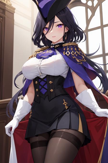 masterpiece, best quality, highly detailed, 1girl, solo, giclorinde, purple eyes, large breasts, hair between eyes, long hair, dark blue hair, earrings, black skirt, miniskirt, pantyhose, purple ascot, purple capelet, black corset, black pantyhose, black skirt, white gloves, , hat, tricorne, <lora:clorinde-08:0.7>