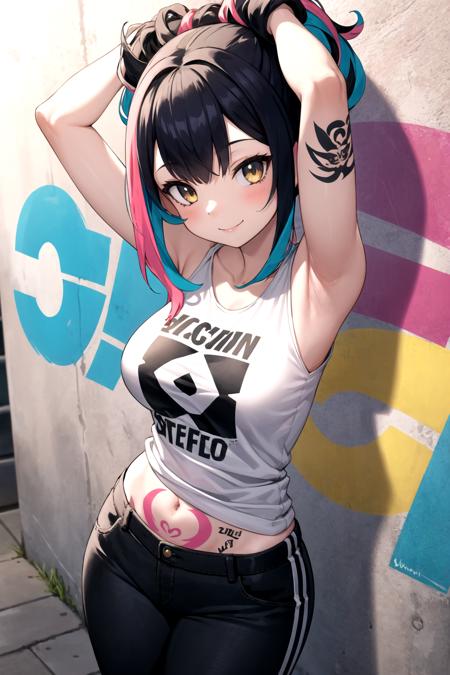 masterpiece, best quality, 1girl, multicolored hair, medium breasts, wall, graffiti, t-shirt, pants, smile, sleeveless, tattoos