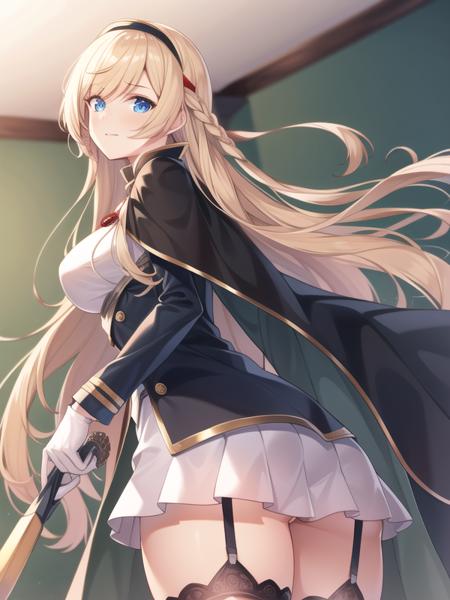 (hyper extreme detailed),(masterpeace),(hyper extreme),(photorealistic),CG,(colour:1.2), beautiful lighting,light from the front,rating:safe,solo, <lora:kongou:0.7>,kongou,blonde hair,long hair,blue eyes,white_gloves,garter_straps,zettai_ryouiki,pleated_skirt,white_skirt,stoking,high_heels,white shrite,long_sleeves,black_cape,short_dress,